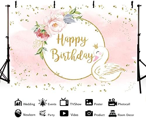 AIBIIN 7x5ft Kuğu Doğum Günü Backdrop Kız Pastel Prenses Mutlu Doğum Günü Partisi Dekorasyon Pembe Çiçek Altın Glitter