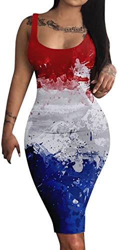 4th Temmuz Kadınlar için Seksi Elbiseler Bodycon Yaz Mini Elbise Amerikan Bayrağı Scoop Boyun Cami Kolsuz Kokteyl