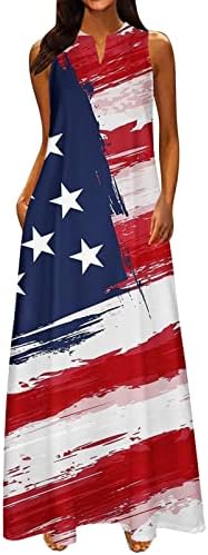 HCJKDU Kadınlar Bağımsızlık Günü Elbise Amerikan Bayrağı Baskı Kolsuz Plaj Sundress Cep Tutkulu Vatansever Maxi Elbise