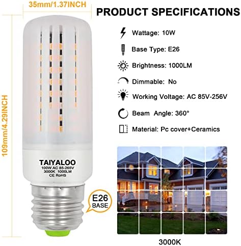 TAIYALOO E26 LED Mısır Ampul A19 100 W Eşdeğer 1000 Lümen 3000 K Sıcak Beyaz 10 W E26 Bankası Olmayan kısılabilir