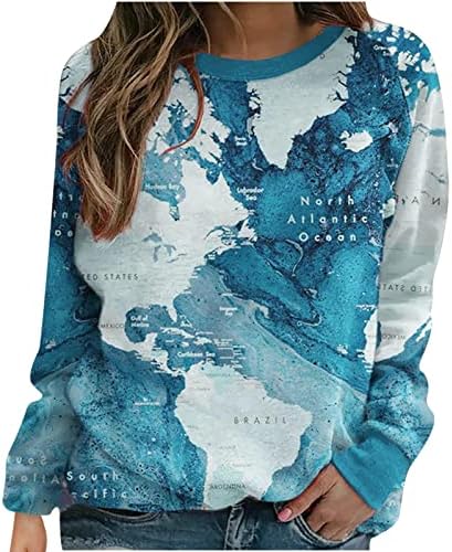 QTOCIO Kazak Bayan Uzun Kollu Dünya Haritası Grafik Baskı Kazak Ekip Boyun T Gömlek Sevimli Kazak Gevşek Bluz Tops