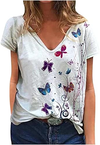 Kısa Kollu Gömlek Kadınlar için Derin V Boyun Spandex Kelebek Çiçek Grafik Rahat Fit Gömlek Tops Kızlar 2023 JU