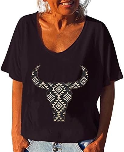 GERÇEKTEN Blusa Kısa Kollu Üstleri Kadınlar için Aztek Baskı Gömlek Crewneck günlük t-Shirt Bahar Bayanlar Siyah