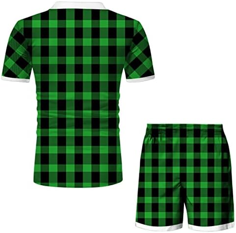 Erkek Kısa Kollu Fermuar Yaka Ekose Baskı Rahat spor elbise Kıyafetler (Yeşil, XXL)