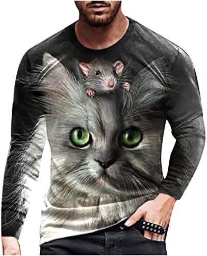 Erkek Gömlek 3D baskılı tişört Rahat Komik Kedi Grafik Crewneck Uzun Kollu Tees Tops Hayvan Severler için Hediye
