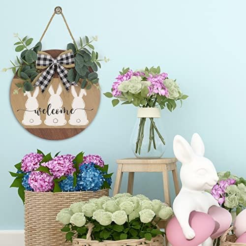 Paskalya hoş geldin yazısı Ön Kapı Dekor Tavşan Tavşan Yay ile, Rustik Yuvarlak Ahşap Paskalya Çelenk İşareti Bahar