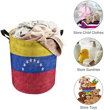 Venezuela bayrağı çamaşır sepetleri Kolları ile Su Geçirmez Katlanabilir İpli Yuvarlak Giysi Sepetleri Depolama Organizatör