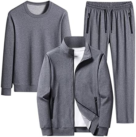 3 ADET erkek Spor günlük giysi Artı Boyutu Düz Renk Stand-up Yaka Uzun Kollu Zip Ceket Gömlek ve Sweatpant Seti